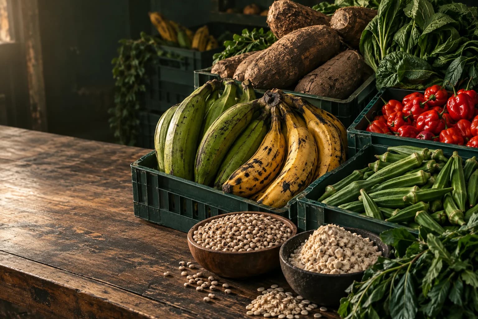 Illustrative still life of plantains, yams, okra, peppers and African grocery ingredients