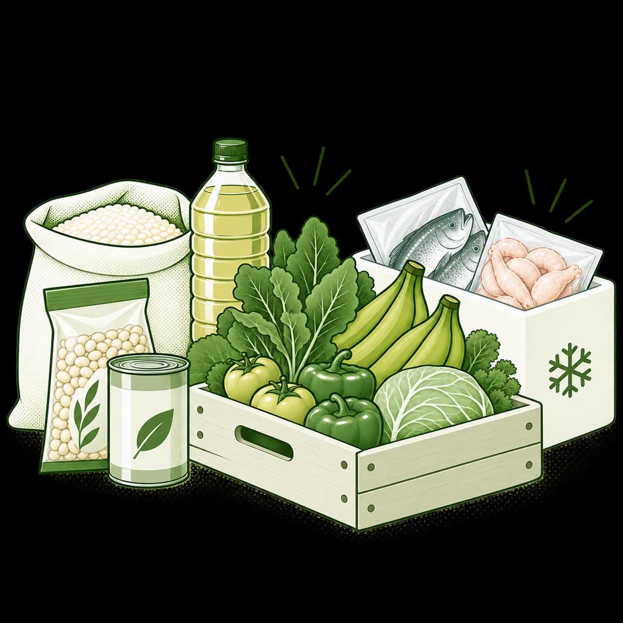 A mix of dry, fresh and frozen African grocery products arranged together