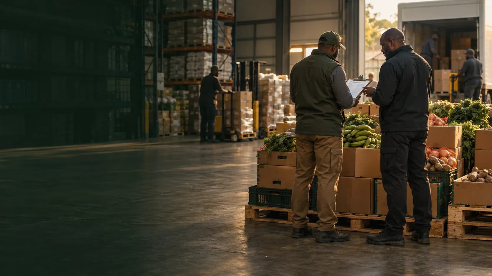 Two wholesale partners reviewing a prepared African grocery delivery in a warehouse