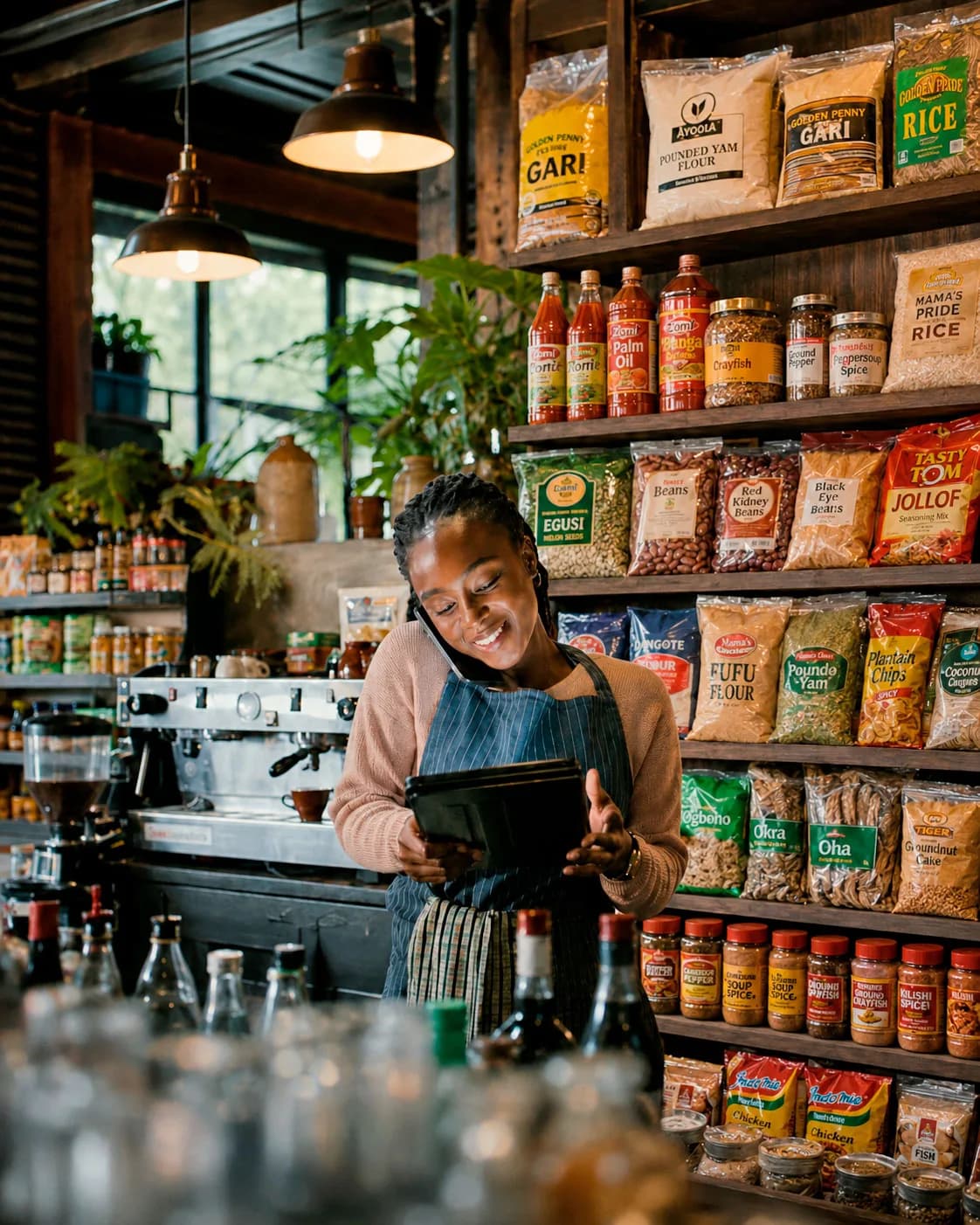 An African grocery retailer arranging packaged staples on shop shelves