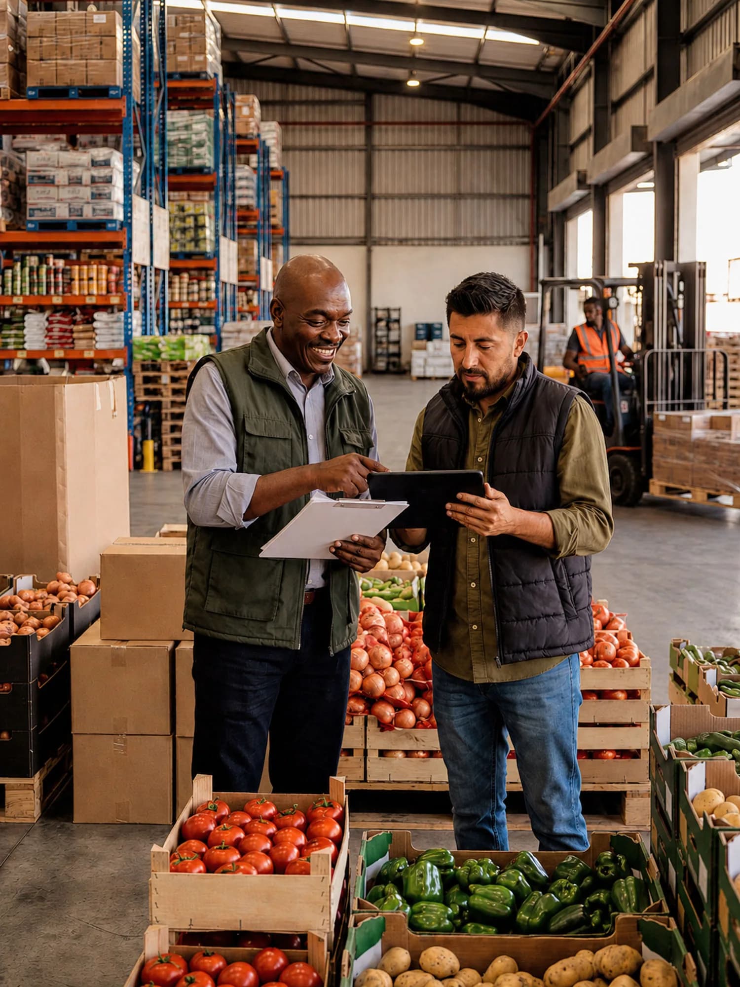 Food suppliers inspecting produce beside a warehouse loading area