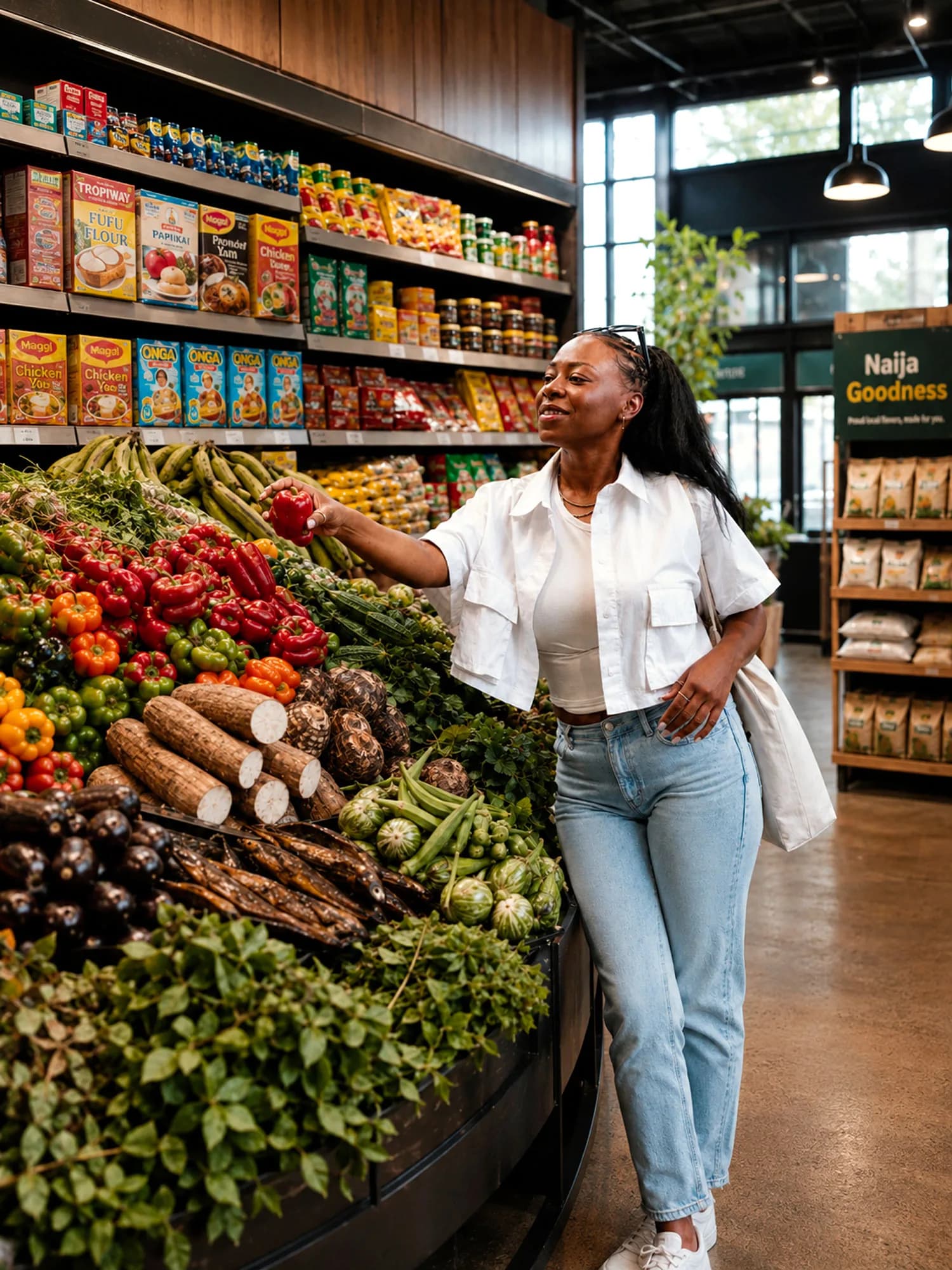 A customer speaking with a member of staff in an ethnic supermarket