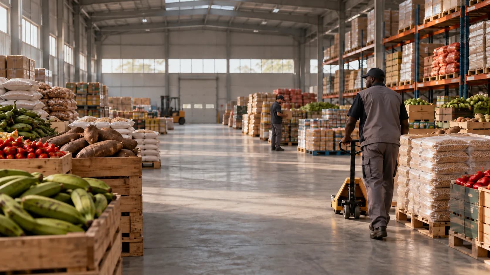 African grocery products and cartons arranged in a wholesale warehouse