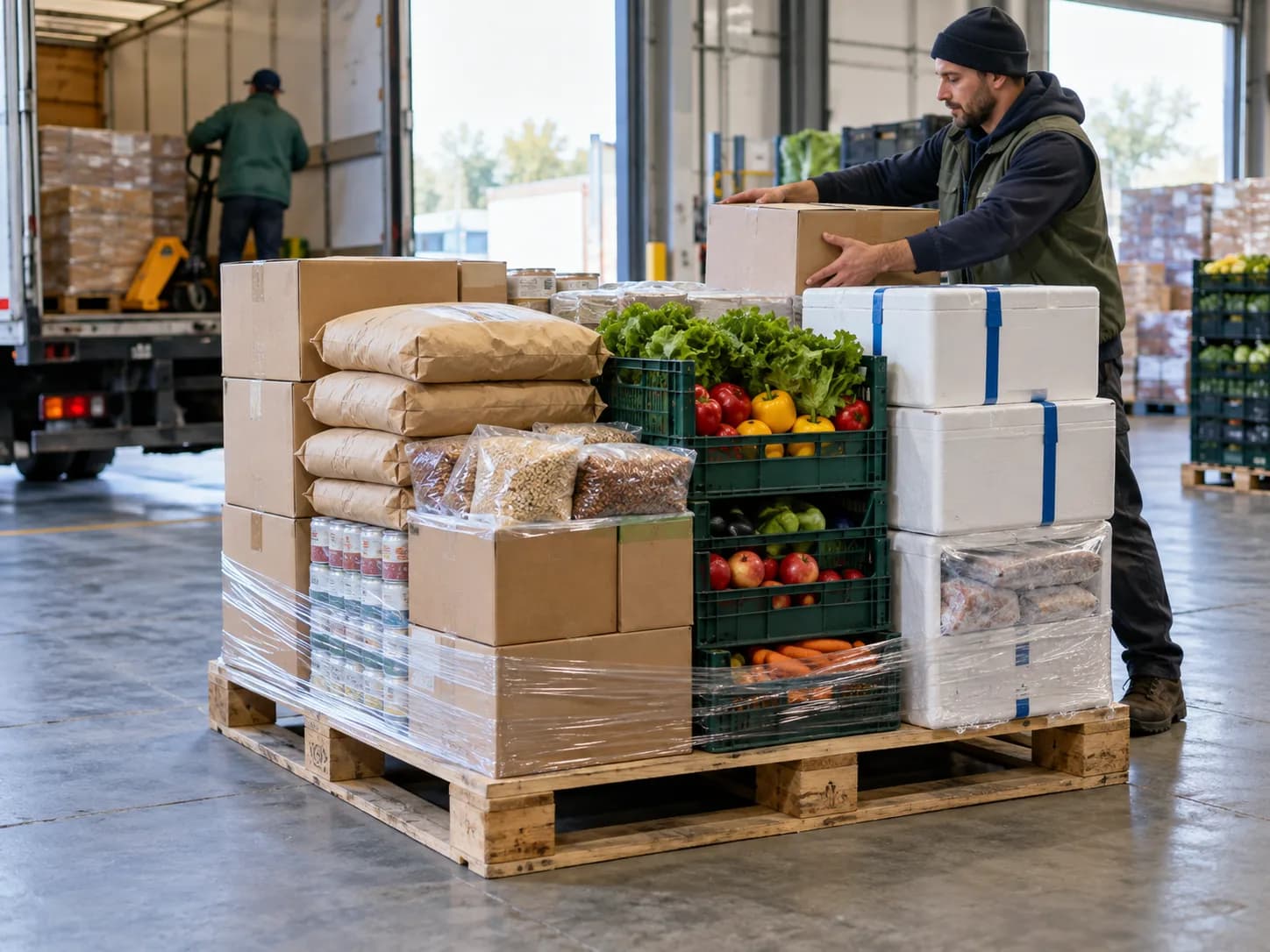 A mixed wholesale consignment combining dry goods, fresh produce and frozen cases