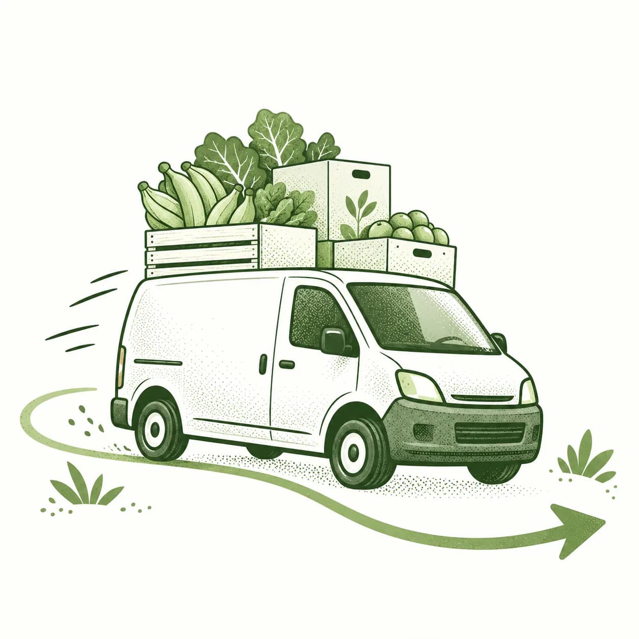 Illustration of a delivery van carrying grocery crates and cartons
