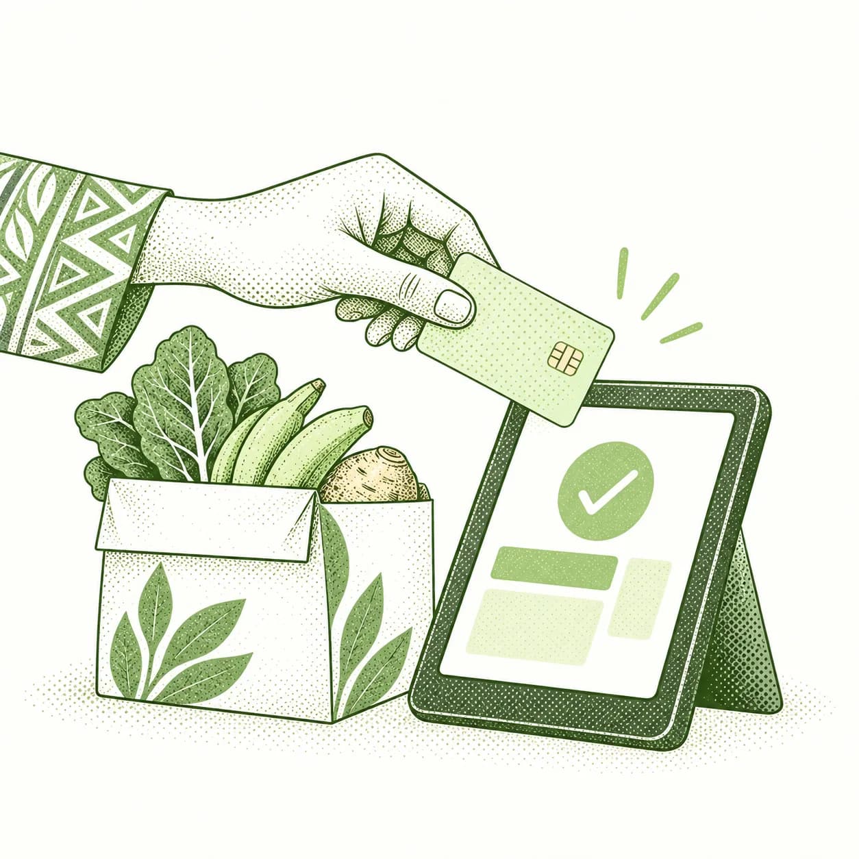 Illustration of a payment card beside a confirmed grocery order