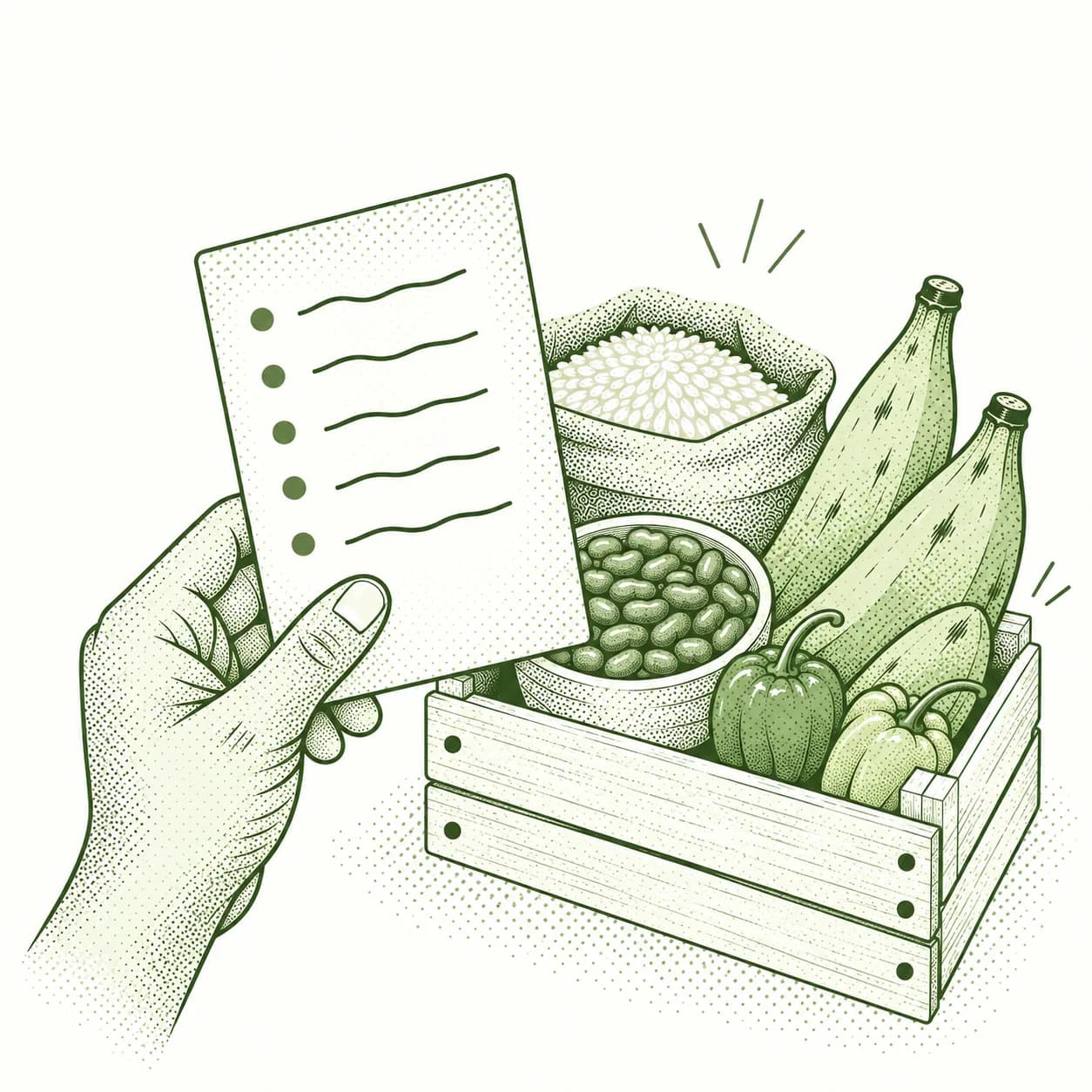 Illustration of a grocery order list beside African staples