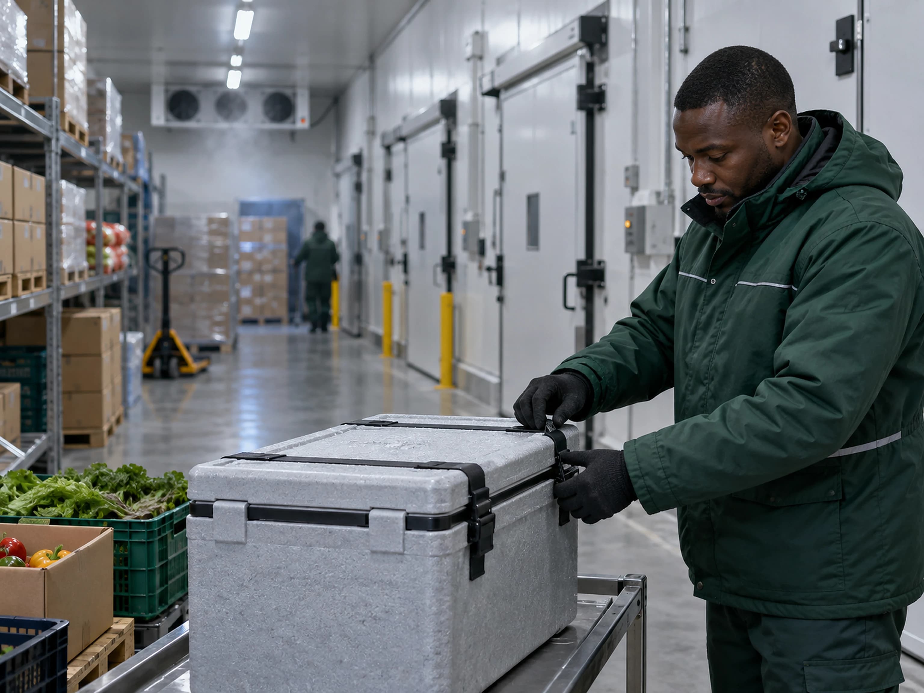 Warehouse worker checking an insulated crate in chilled storage