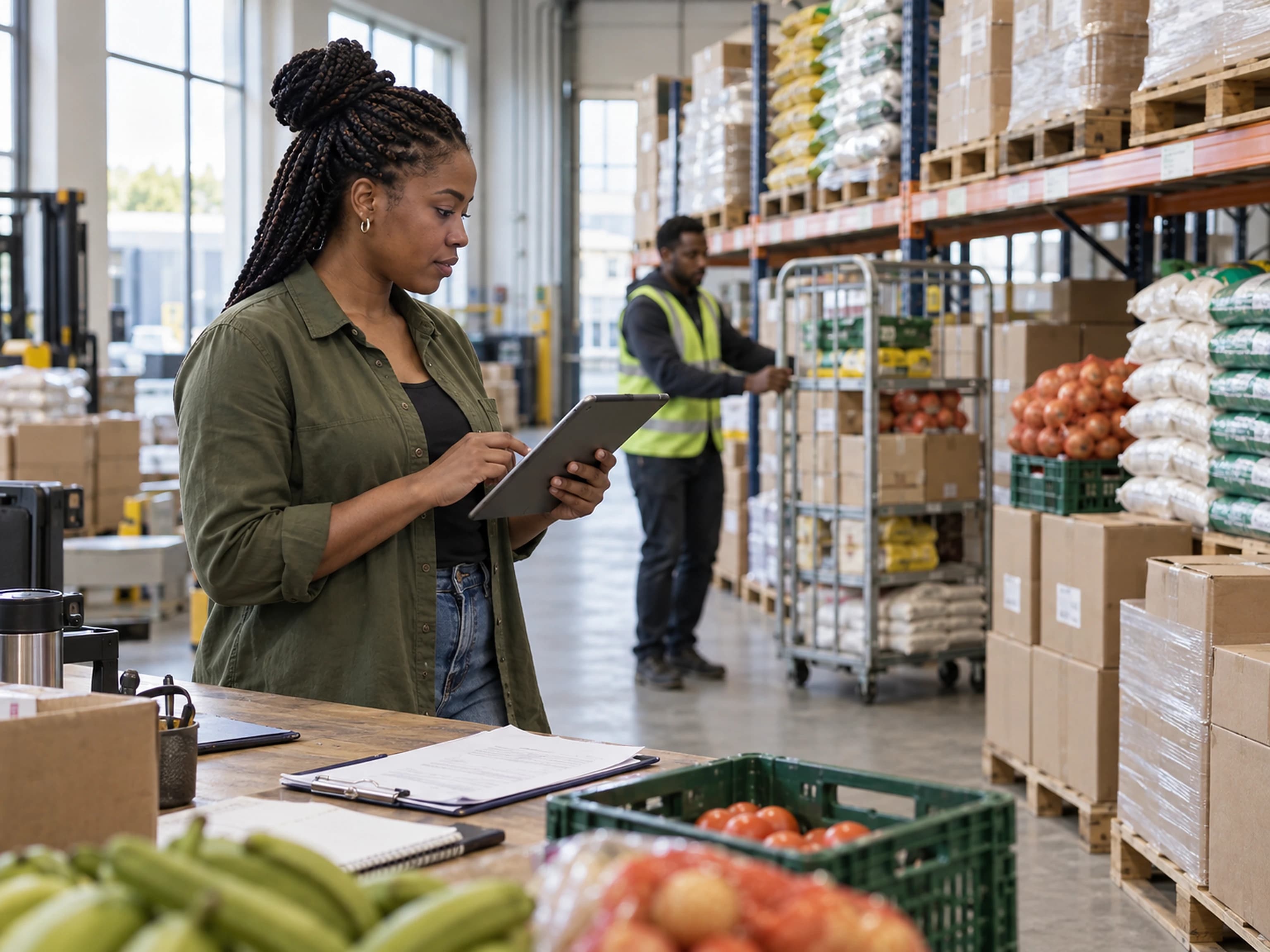 Logistics coordinator checking an order beside warehouse stock