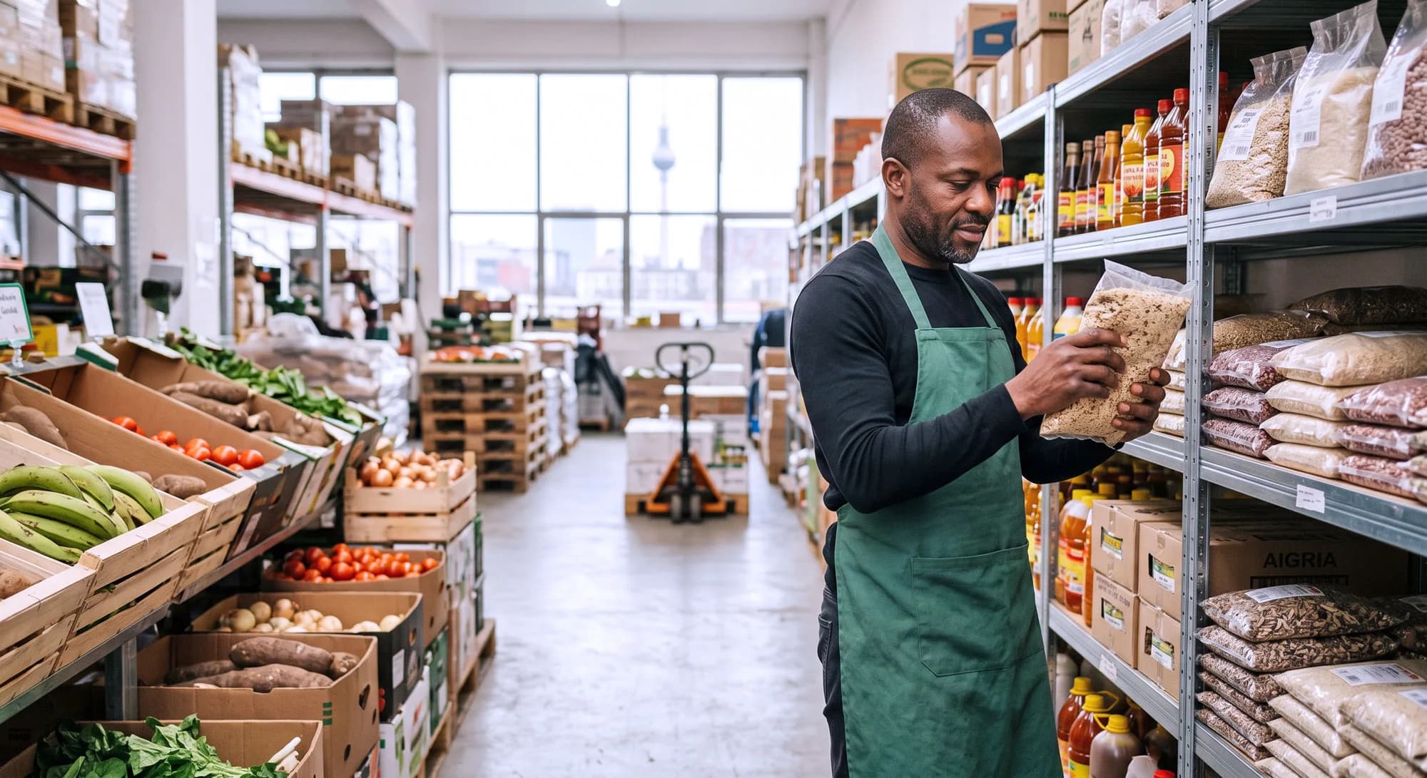 Supply professionals reviewing an order inside a European food warehouse