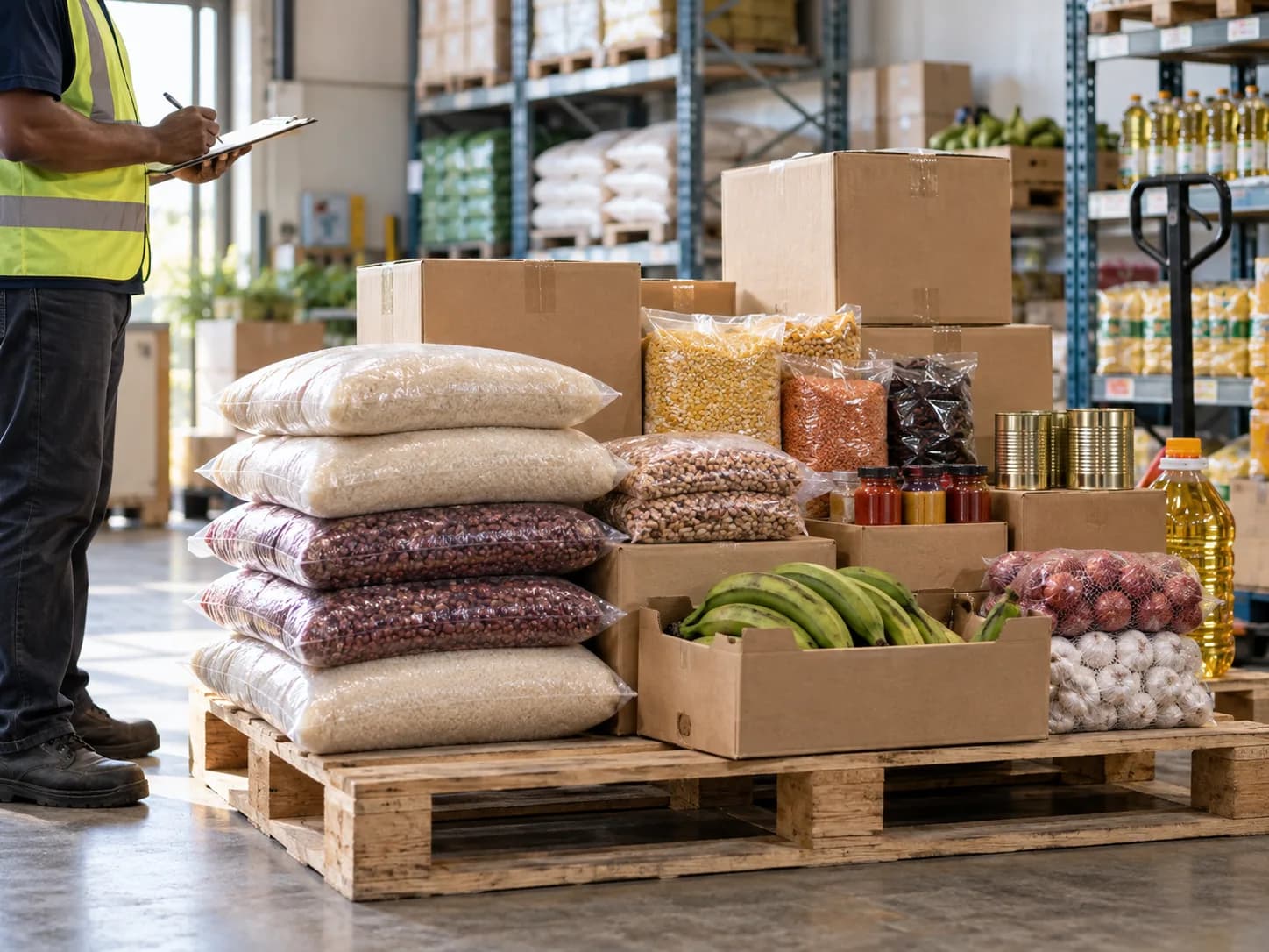 A wholesale supply coordinator reviewing a prepared grocery order in a warehouse