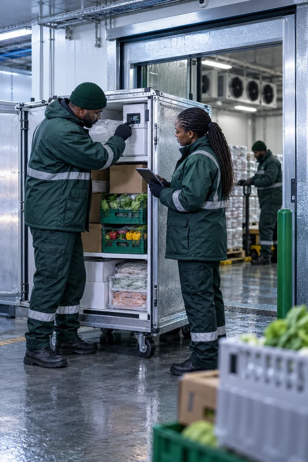 A cold-chain specialist verifying a temperature-controlled grocery pallet