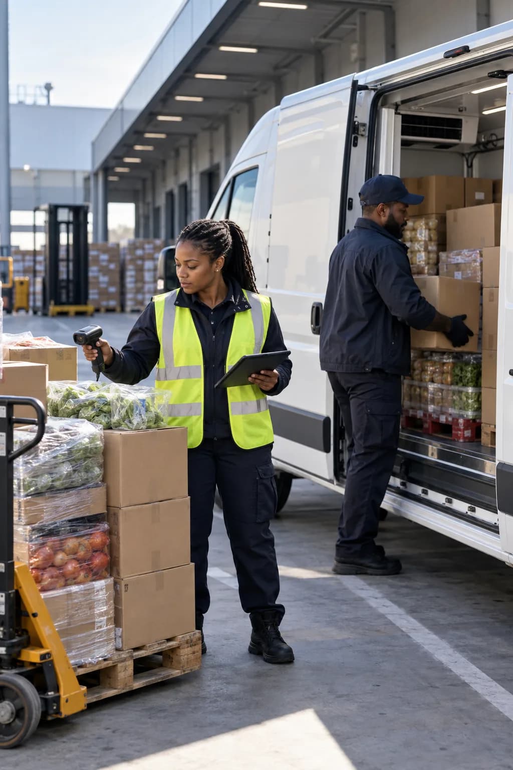 Logistics workers loading grocery cartons into a refrigerated delivery van