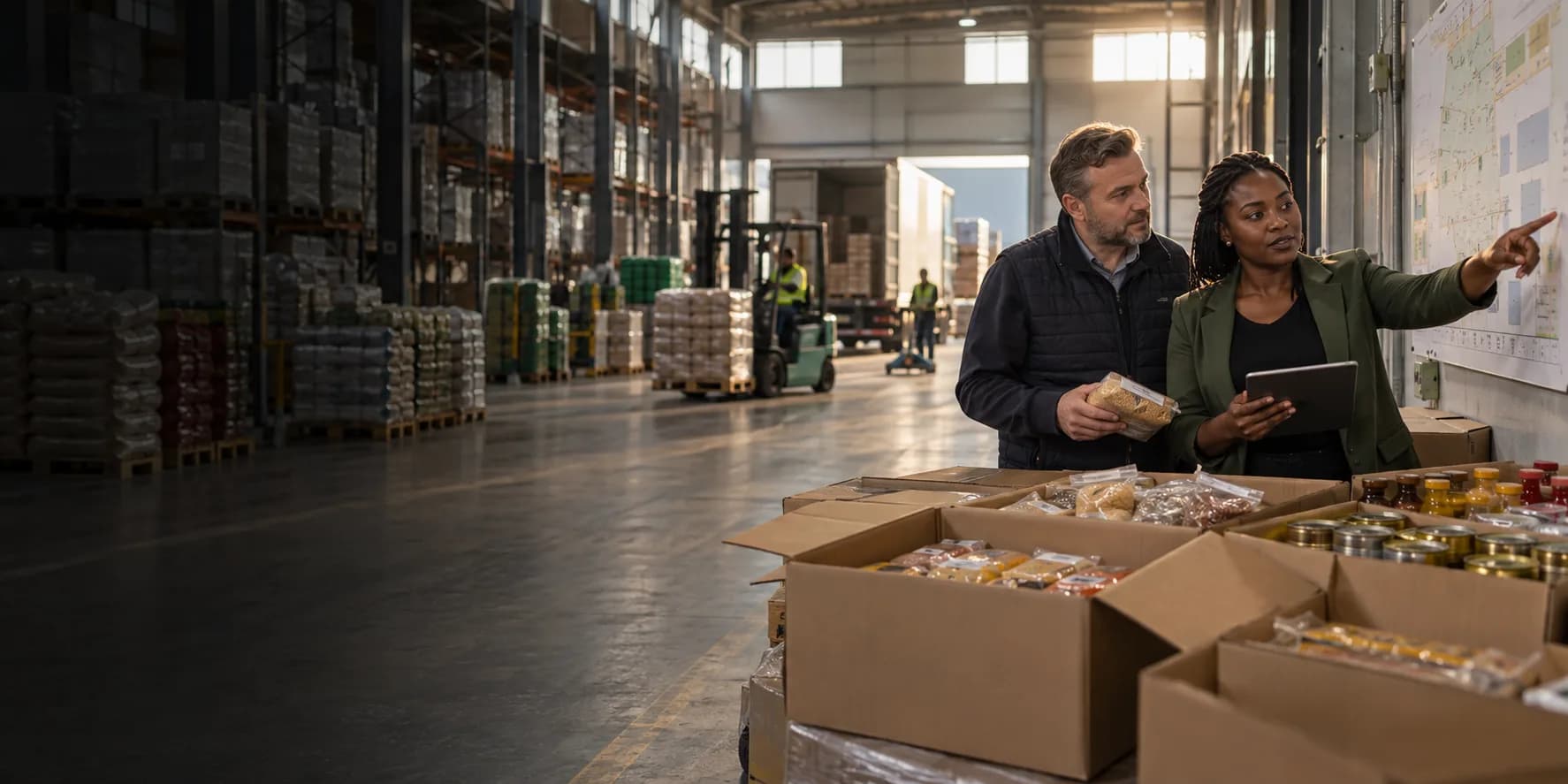 Supply partners mapping a wholesale grocery distribution route in a warehouse