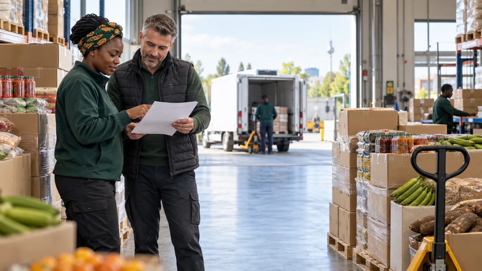 Two wholesale partners reviewing a grocery order at a Berlin warehouse loading bay