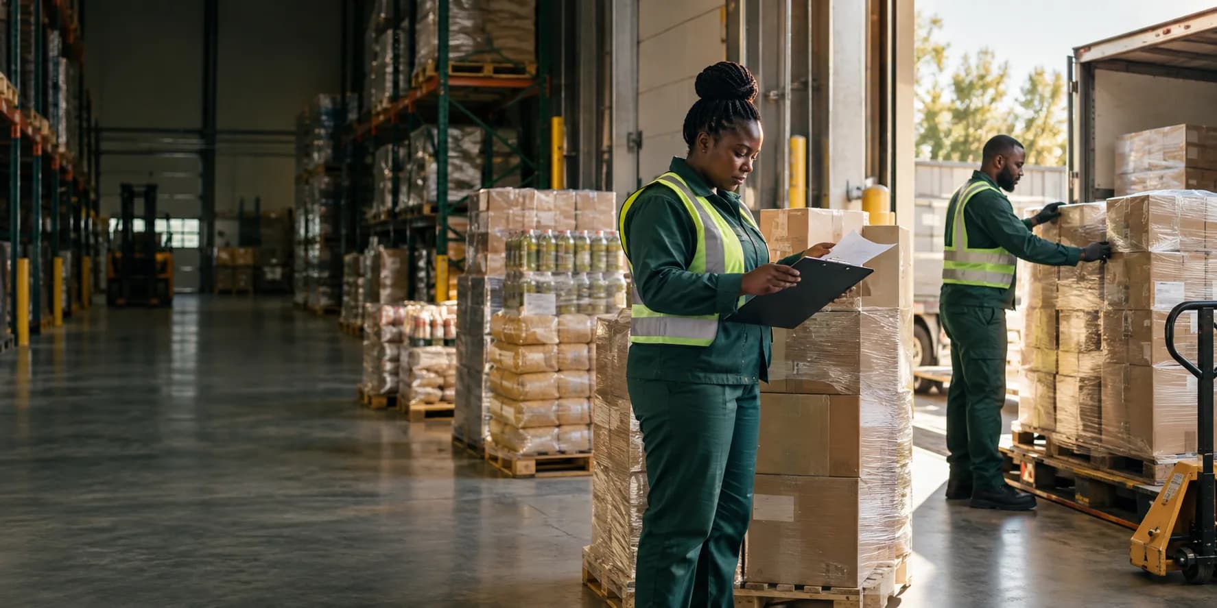 Warehouse team checking a prepared wholesale grocery order before dispatch
